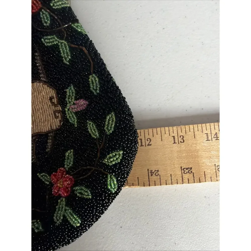Vintage Hand Beaded Purse Black Colorful Roses Bag 1950 1960 flapper party - Picture 16 of 16